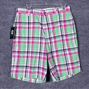 FootJoy FJ NWT Men’s 32 Madras Berry Mint Plaid Flat Front Golf Shorts Preppy‎